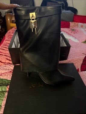 Liliana Black Mid-Calf Pointed-Toe Heeled Boots with Gold Padlock Accent